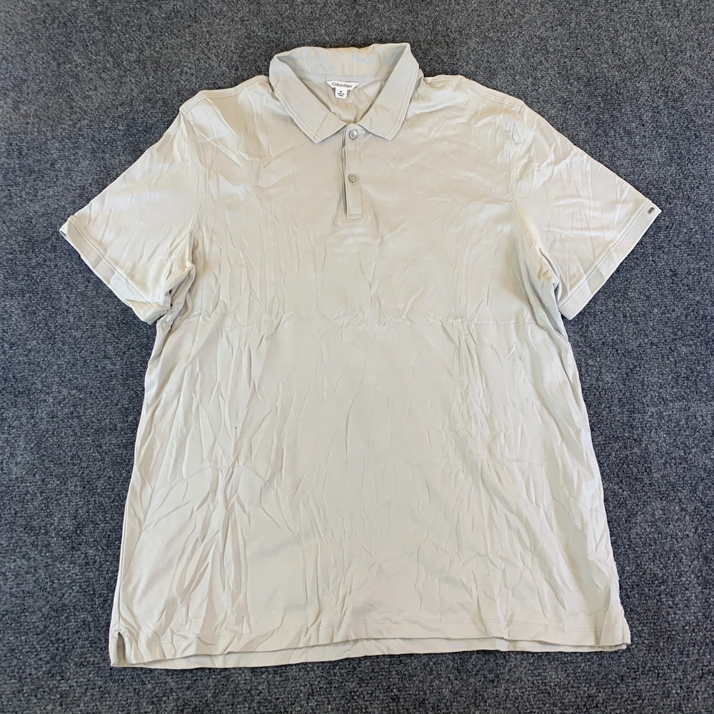 Calvin Klein Polo Shirt Mens XL Beige Cotton Athletic Golf Tennis Performance
